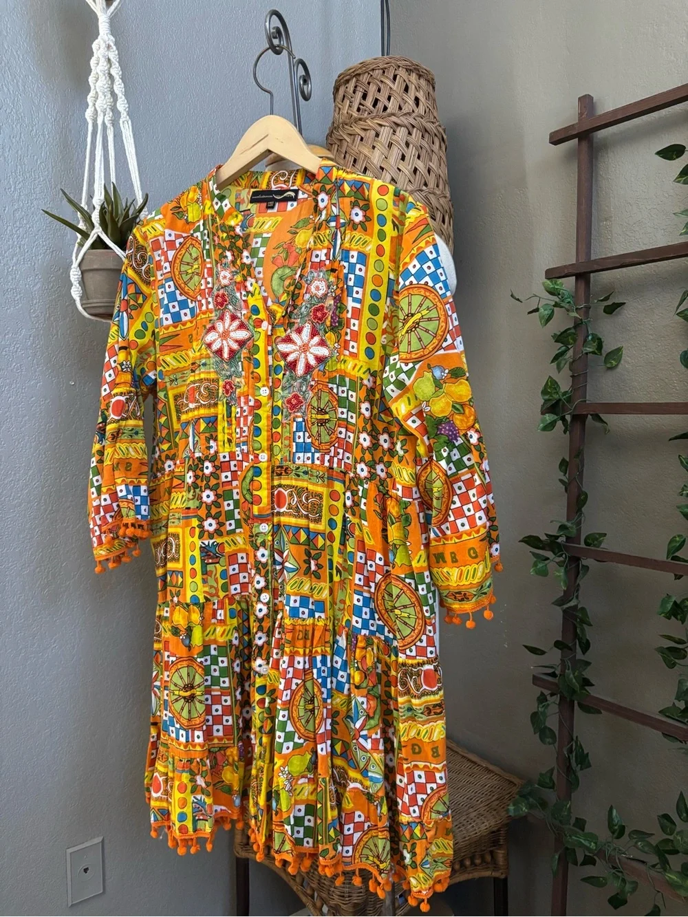 Colori Di Mare Majolica Print Embellished Mini Dress Boho Tassel Hem Tunic - Picture 7 of 13